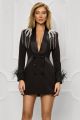 Rochie sacou neagra accesorizata cu franjuri de cristale argintii BBY-R83A