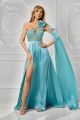 Rochie lungă verde mentă asimetrică cu detalii florale BBY-RL09A