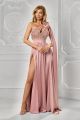 Rochie lungă roz pudrat asimetrică cu detalii florale BBY-RL09A